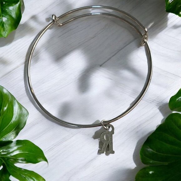Silver Tone Initial R Adjustable Charm Bangle OS - Picture 2 of 2